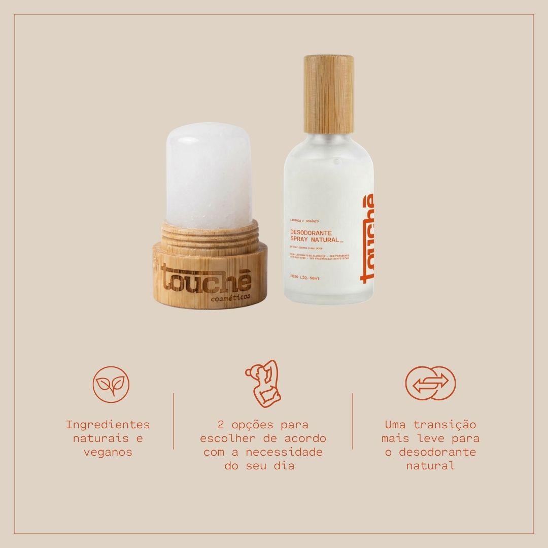 Kit Rotina Inteligente | Desodorante Spray Natural Sem Alumínio + Desodorante Cristal Natural de Alúmen de Potássio · Vegano