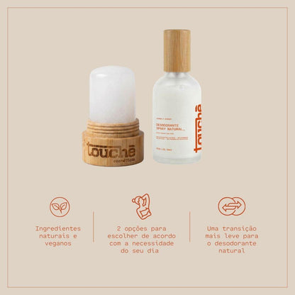 Kit Rotina Inteligente | Desodorante Spray Natural Sem Alumínio + Desodorante Cristal Natural de Alúmen de Potássio · Vegano