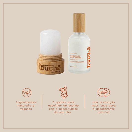 Kit Rotina Inteligente | Desodorante Spray Natural Sem Alumínio + Desodorante Cristal Natural de Alúmen de Potássio · Vegano
