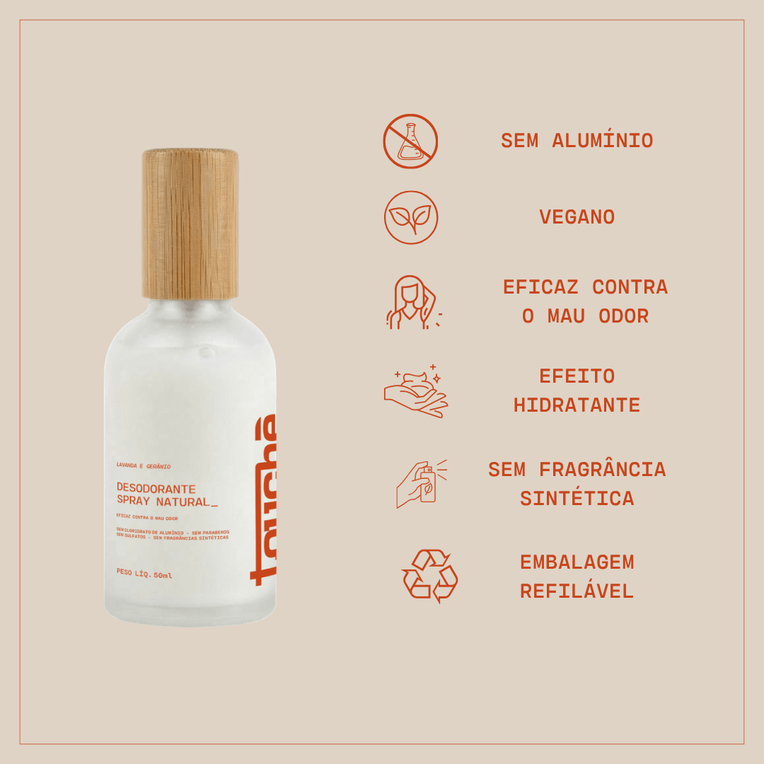 Desodorante spray natural sem alumínio, vegano e com embalagem refilável, eficaz contra mau odor e hidratante